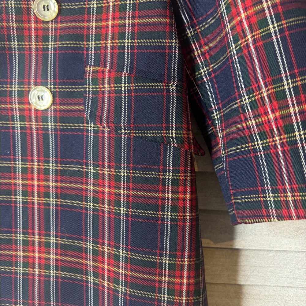 Vintage Whimsey Boys Plaid Pea Coat Double Breasted Navy Red Size 5 Wool Look - Picture 4 of 9